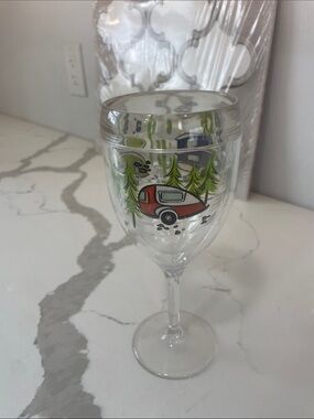 tervis Red Camper Wine Glass with Green Tree Design